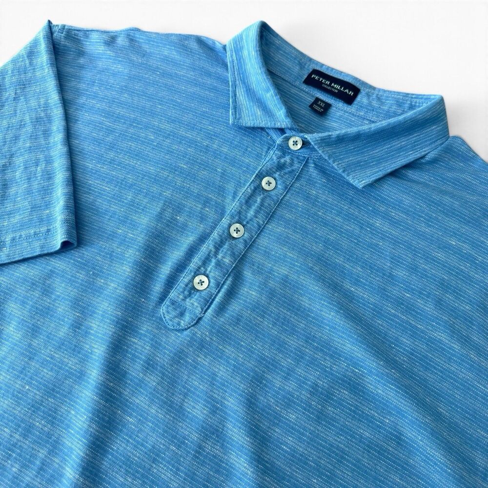 Peter Millar Collection Linen Polo Men XXL Heather Blue Space Dye Stripe Cotton